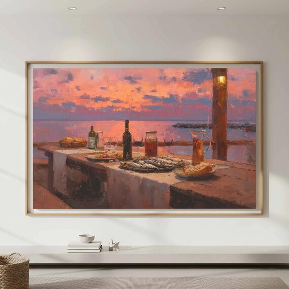 Romantic Seaside Dinner Sunset Oil Painting Mediterranean Poster