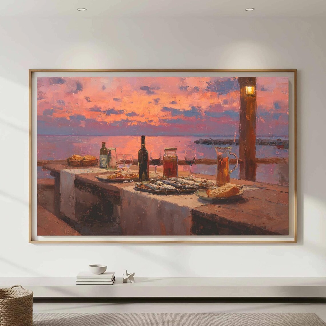 Romantic Seaside Dinner Sunset Oil Painting Mediterranean Poster