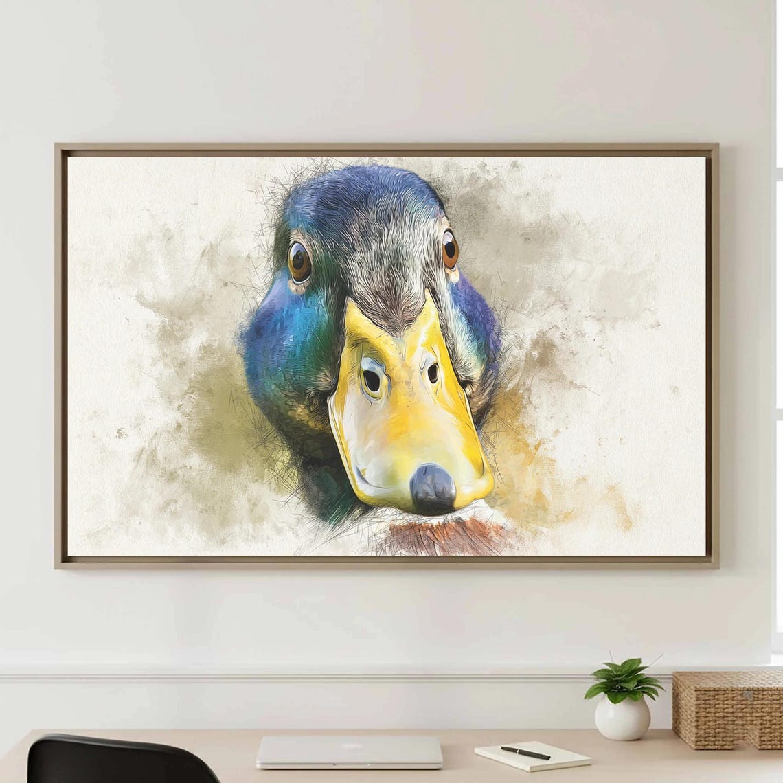 Mallard Duck Face Close Up Watercolor Funny Playful Animal Poster