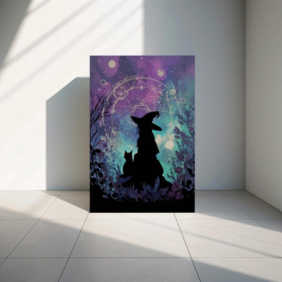 Witch Cat Mystical Wall Art Purple Moon Canvas Print