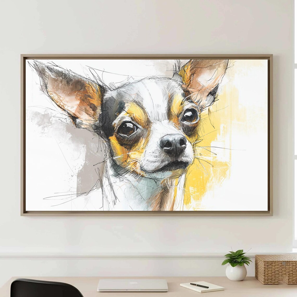 Chihuahua Portrait Watercolor Sketch Big Ears Cute Dog Art Poster