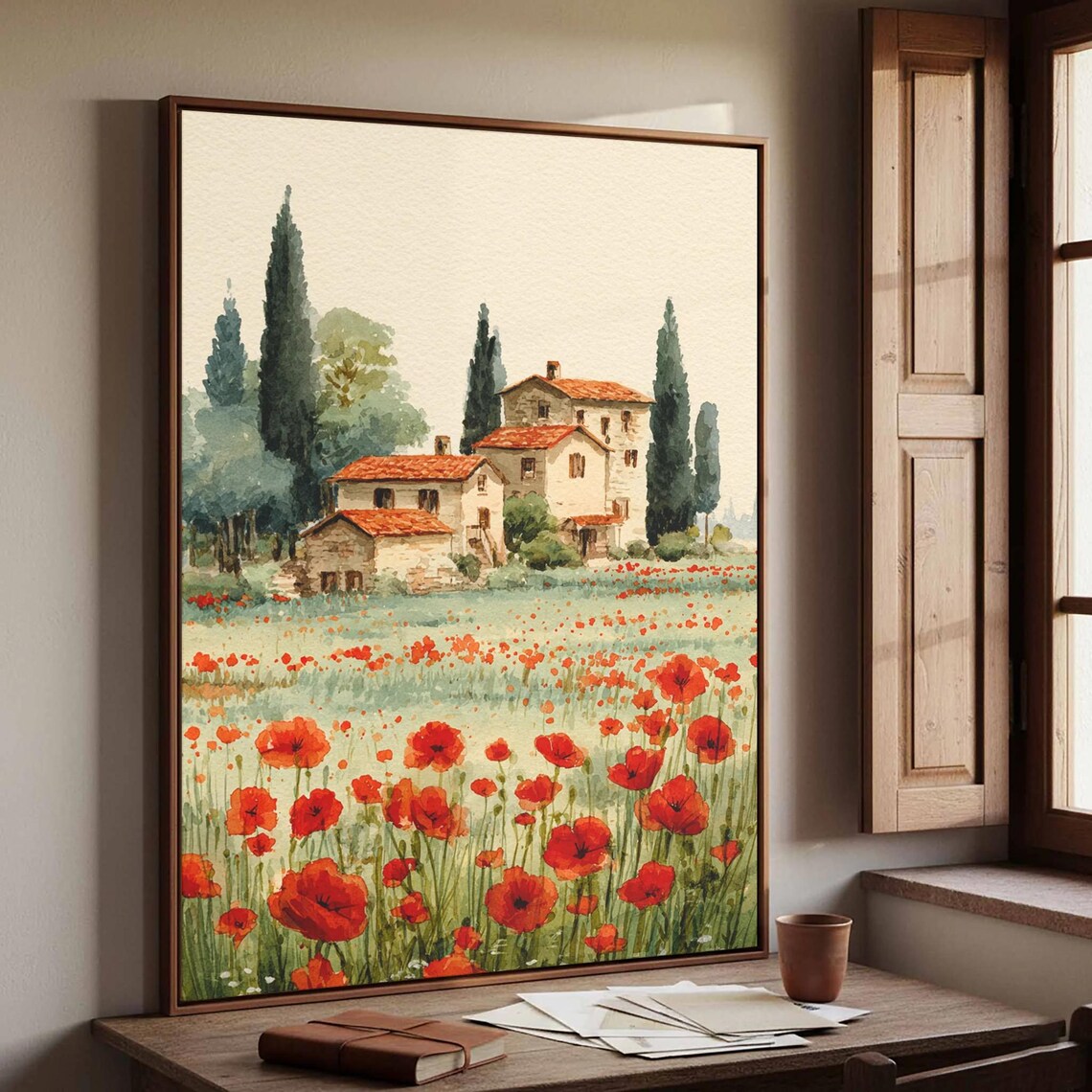 Tuscan Farmhouse Red Poppy Field Cypress Trees Watercolor Poster