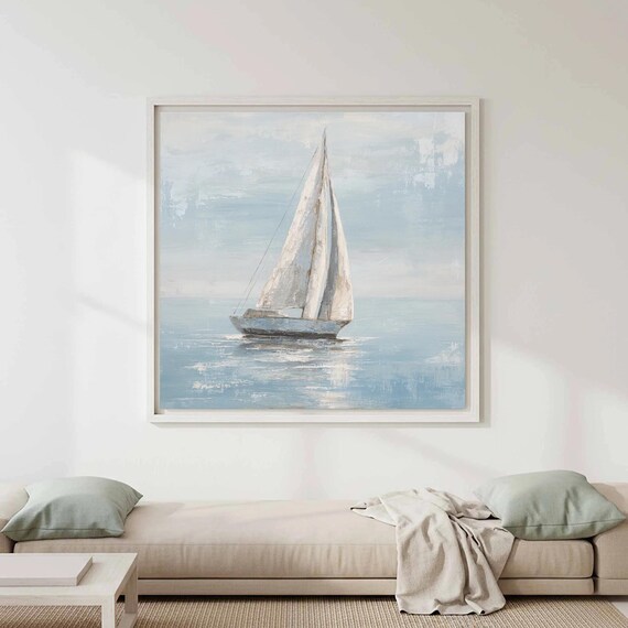 Minimalist Sailboat Coastal Watercolor Poster Calm Blue Ocean Sailing Art