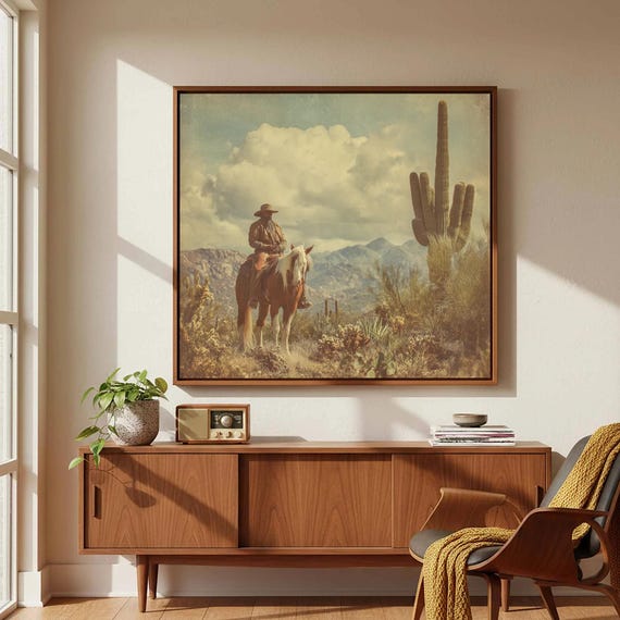 Western Cowboy Canvas Wall Art Vintage Desert Landscape Print