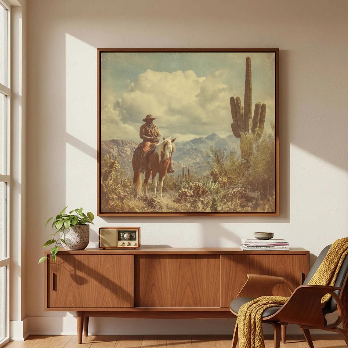 Vintage Cowboy On Horseback Desert Saguaro Cactus Western Ranch Poster
