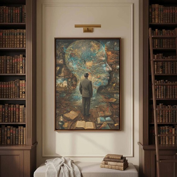 Victorian Scholar Gazing At Cosmic Head Surreal Portrait Print