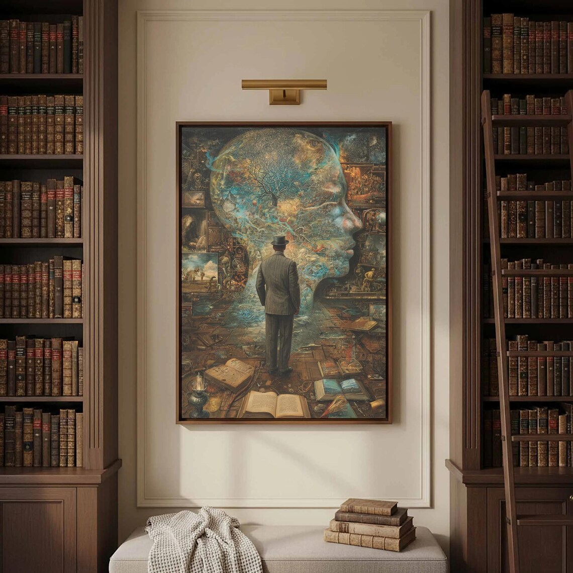 Victorian Scholar Gazing At Cosmic Head Surreal Portrait Print
