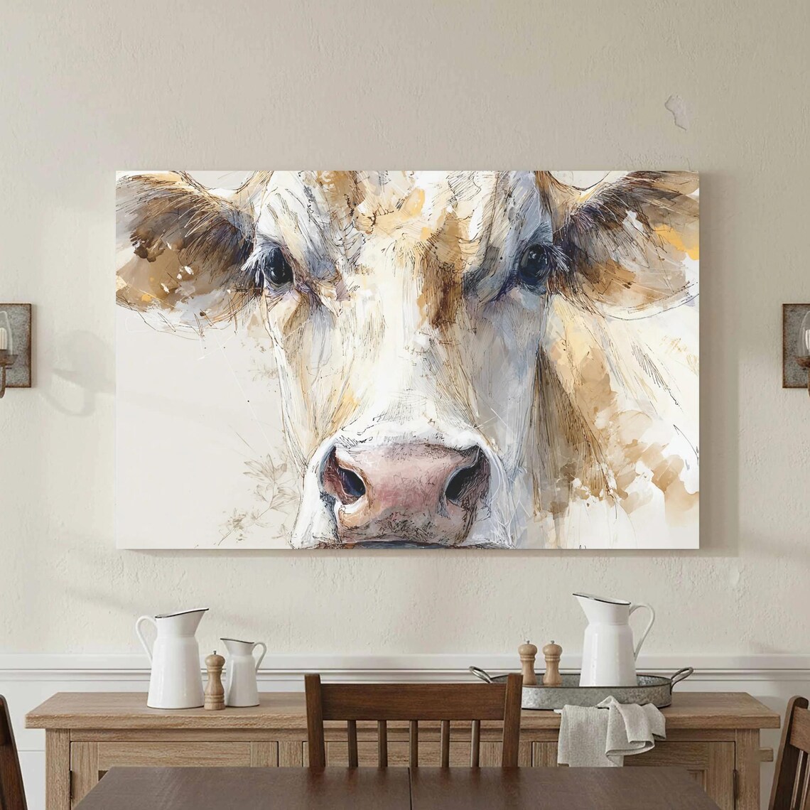 Watercolor Cow Face Close Up Farmhouse Animal Portrait Poster