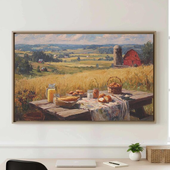 Harvest Farm Picnic Oil Painting Red Barn Golden Field Poster