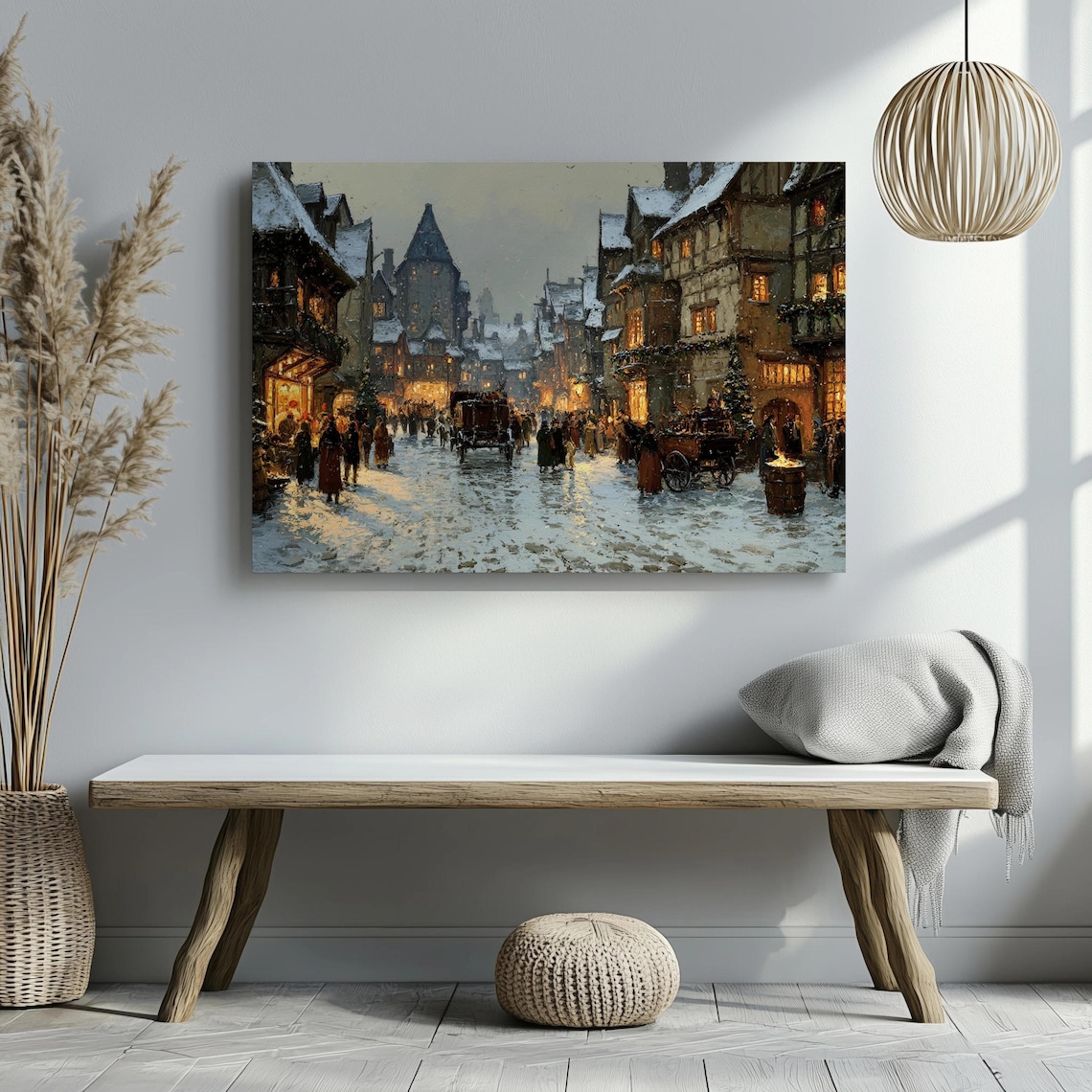 Medieval Christmas Market Snowy Old Town Impressionist Canvas Print