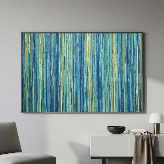 Abstract Blue Green Canvas Art Vertical Lines Wall Print
