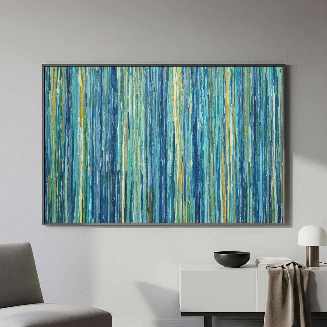 Abstract Blue Green Canvas Art Vertical Lines Wall Print
