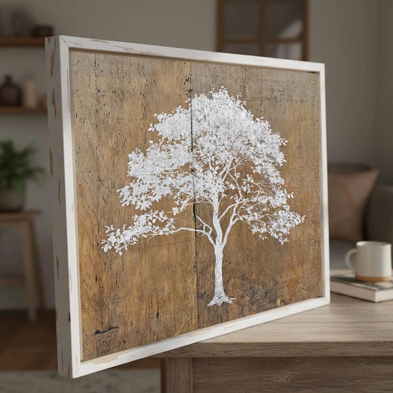 White Tree Silhouette Rustic Canvas Wall Art Nature Print