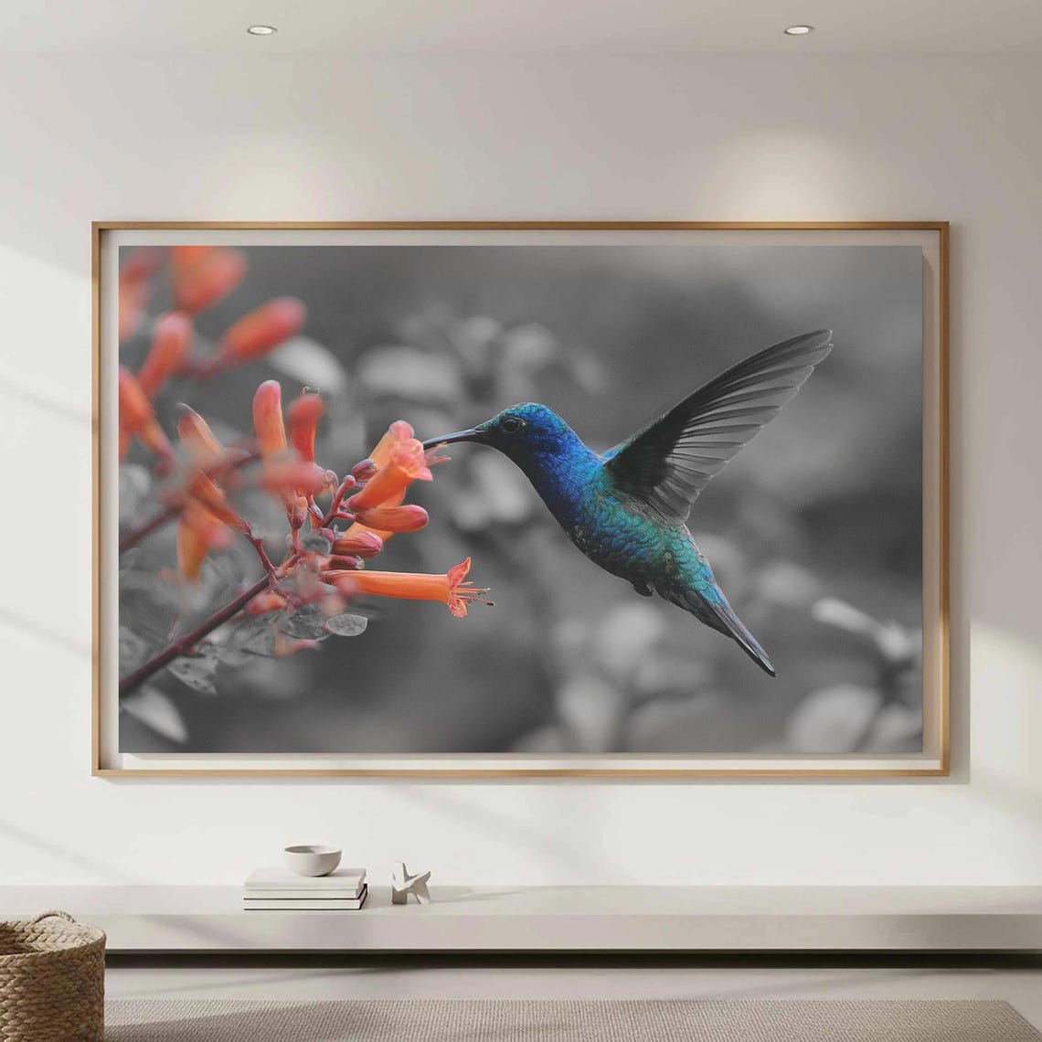 Blue Hummingbird Feeding Orange Flowers Nature Photography Poster