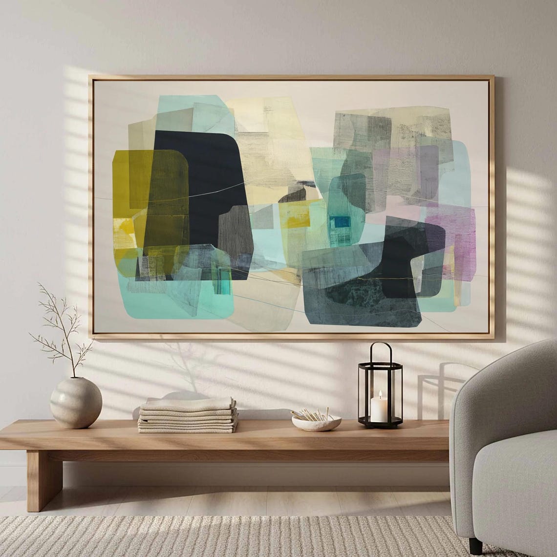 Muted Teal and Navy Abstract Geometric Shapes Modern Art Poster