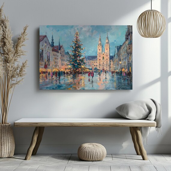 Munich Christmas Market Poster With Cathedral And Holiday Tree