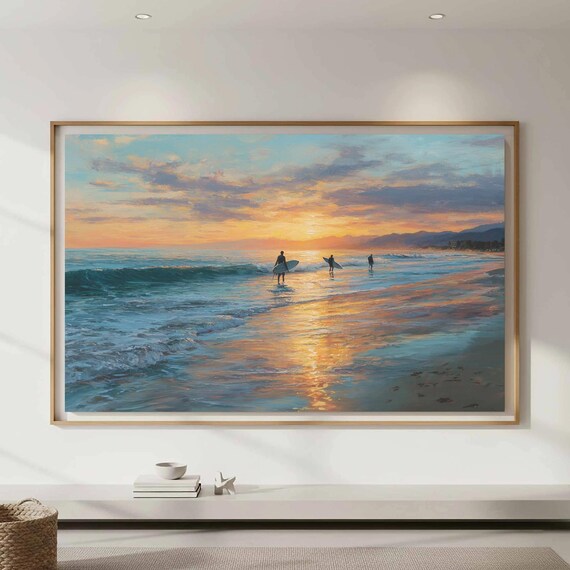 Surfers at Sunset Beach Ocean Wave Coastal Oil Painting Poster