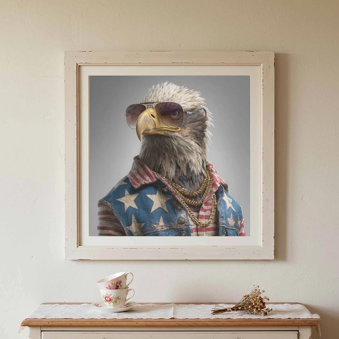 Bald Eagle in Sunglasses Stars Stripes Vest Funny Animal Poster