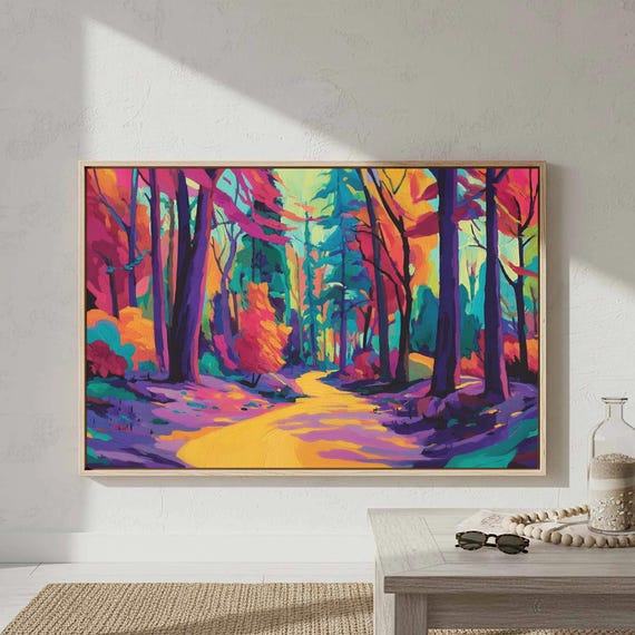 Vibrant Forest Path Canvas Wall Art Colorful Nature Print
