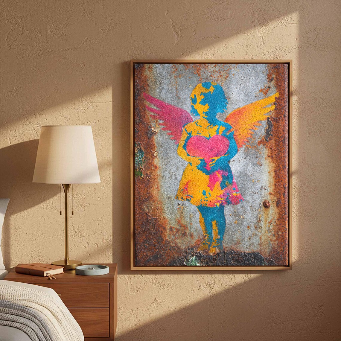 Colorful Street Art Girl Heart Wings Rusted Metal Graffiti Poster