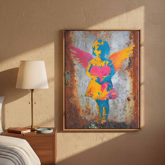 Colorful Street Art Girl Heart Wings Rusted Metal Graffiti Poster
