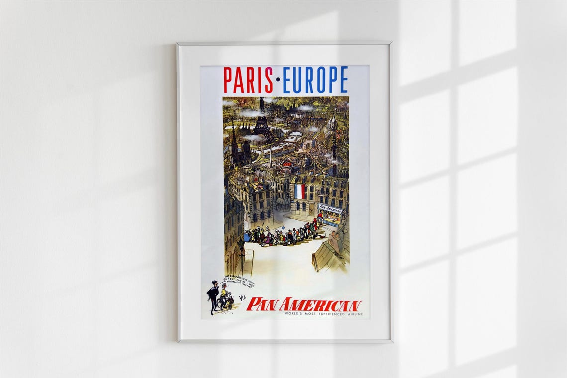 Paris Europe Pan American Vintage Airline Eiffel Tower Art Poster