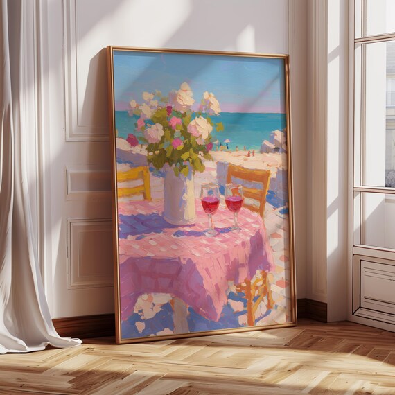 Beachside Table With Roses And Wine Impressionist Seaside Terrace Print