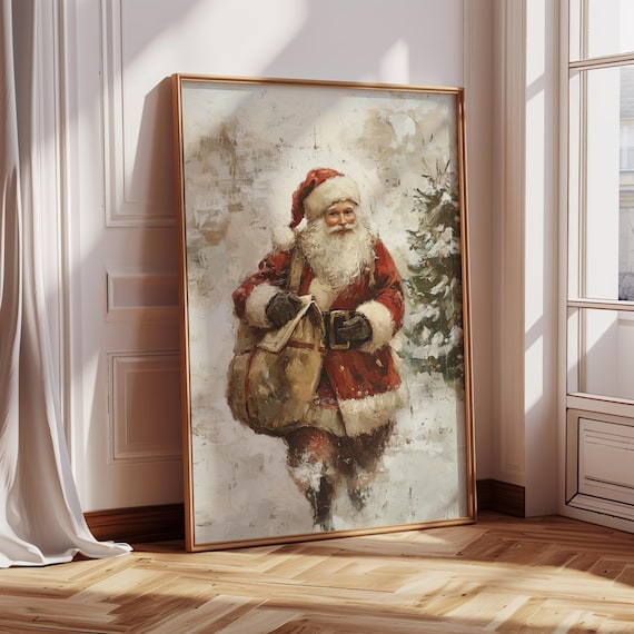 Classic Santa Walking In Snow Vintage Christmas Oil Painting Wall Art