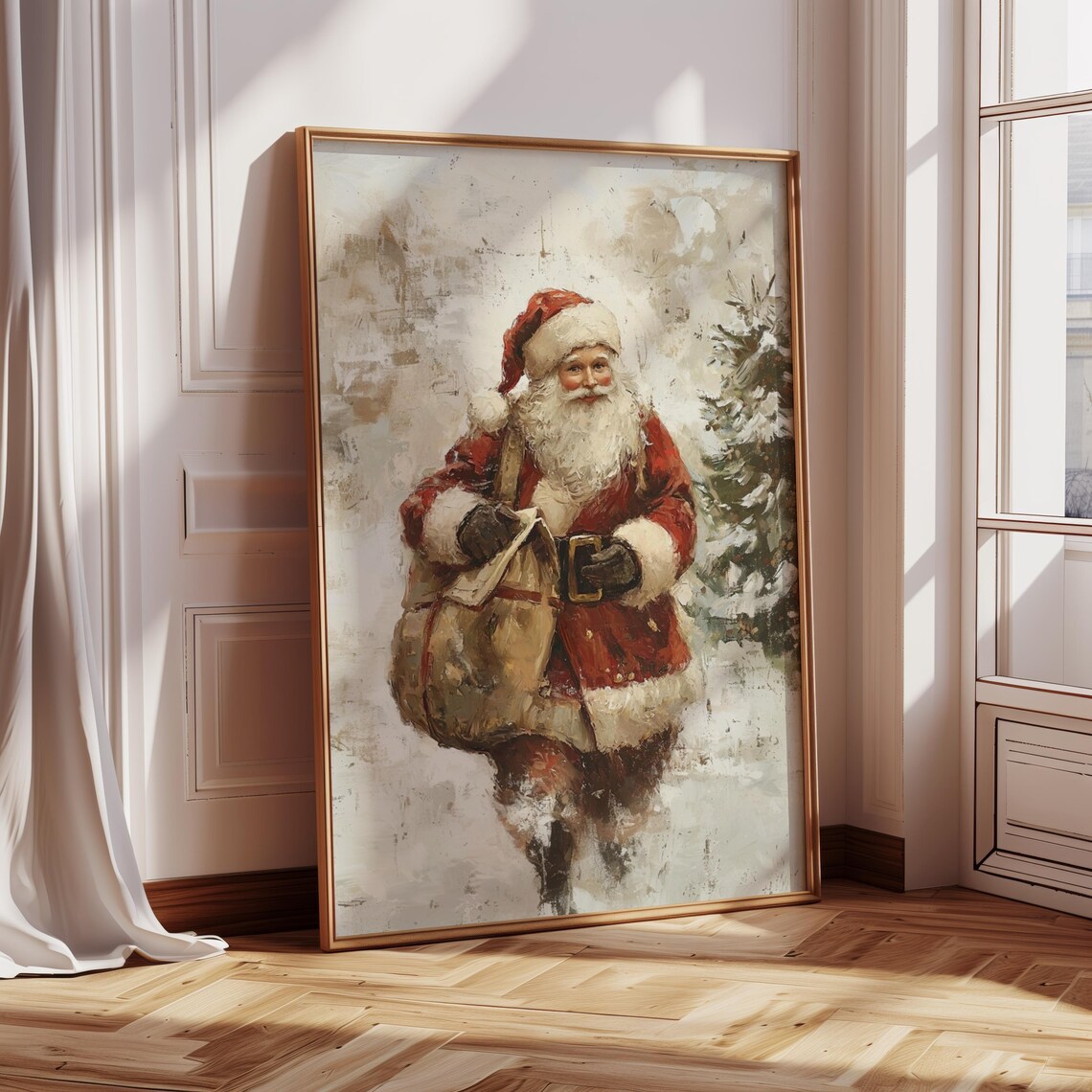 Classic Santa Walking In Snow Vintage Christmas Oil Painting Wall Art