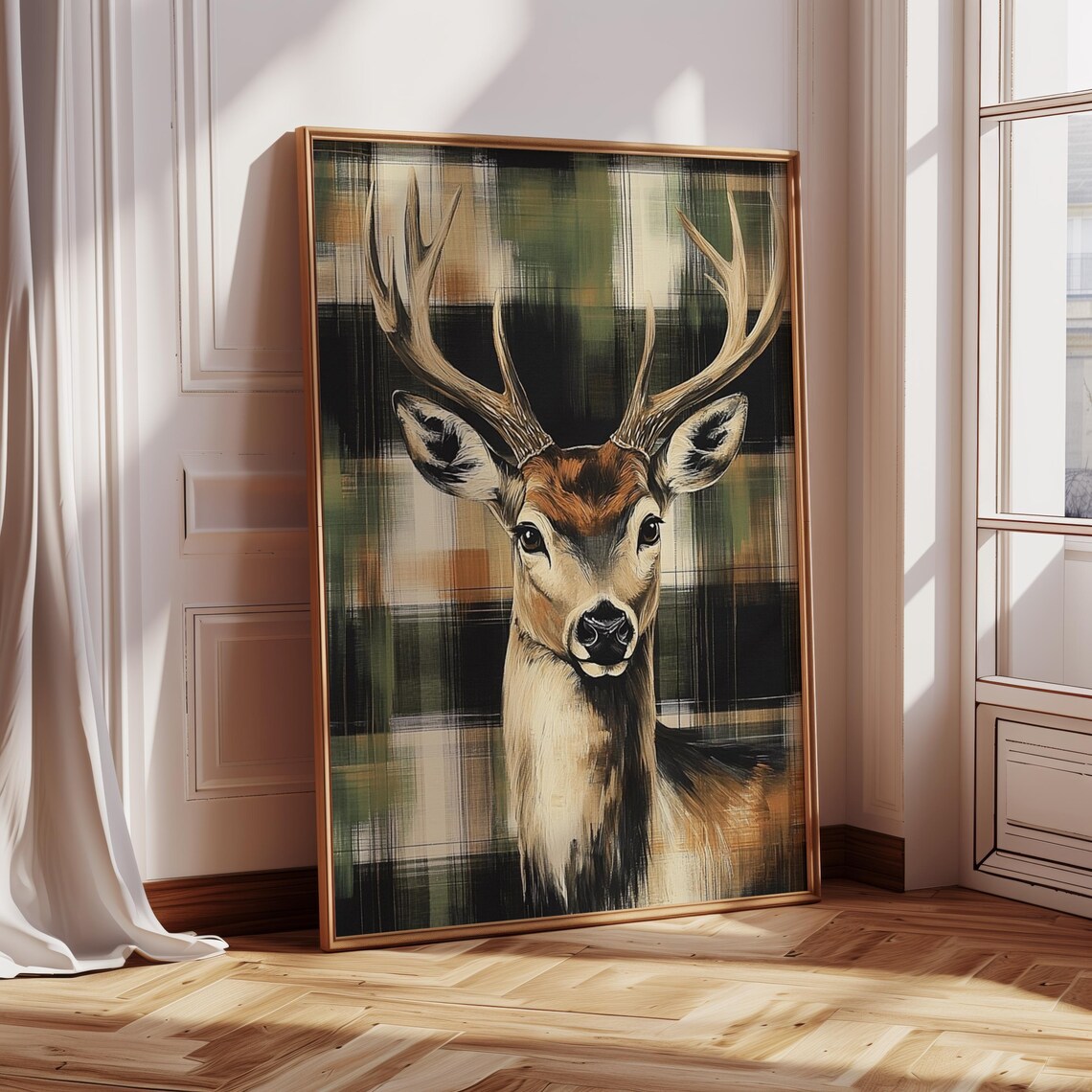 Majestic Deer Plaid Forest Portrait Rustic Cabin Wildlife Art Poster