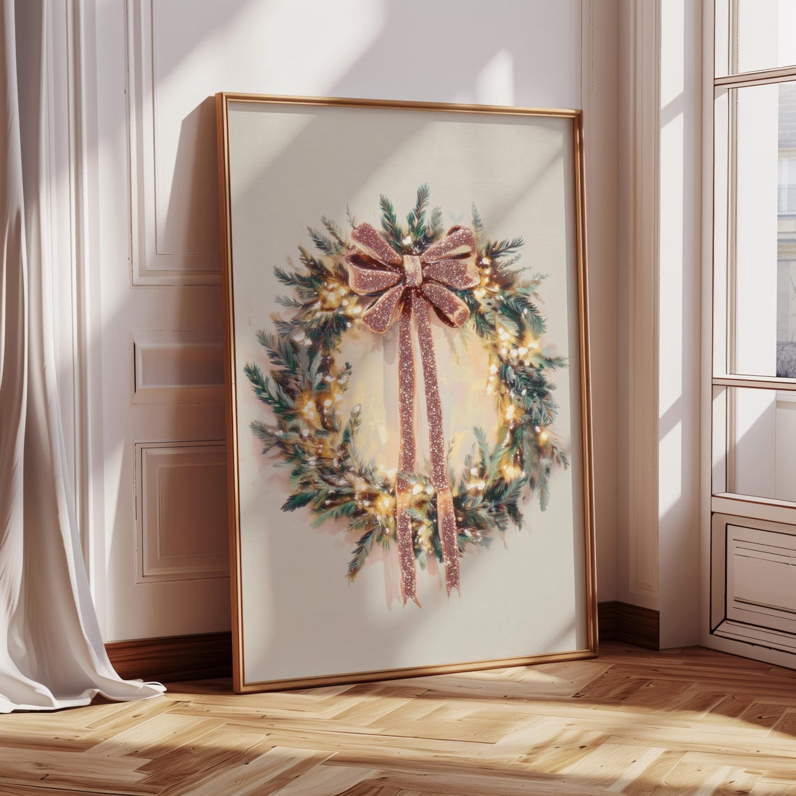 Glitter Bow Christmas Wreath Print Evergreen Holiday Glam Wall Decor