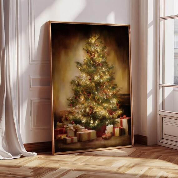 Glowing Christmas Tree With Lights And Gifts Cozy Holiday Wall Art