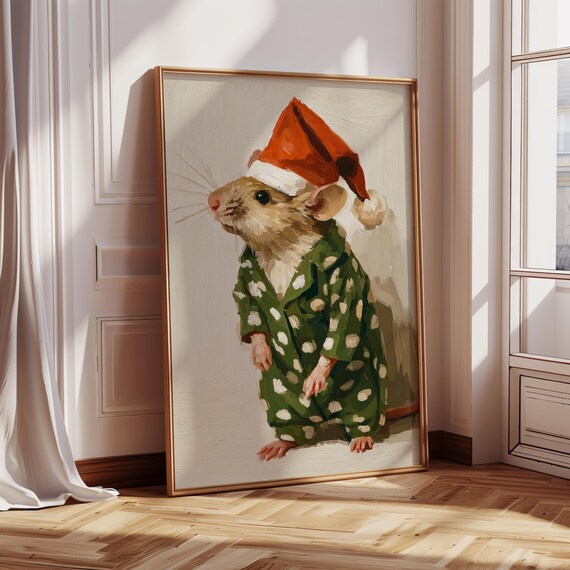 Cute Mouse In Green Polka Dot Pajamas And Red Santa Hat Wall Art