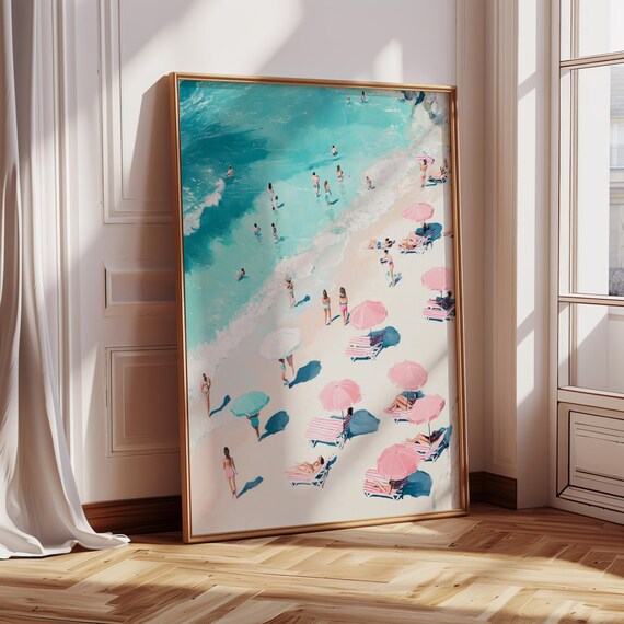 Summer Bathers on a Turquoise Beach Pink Umbrellas Aerial Poster