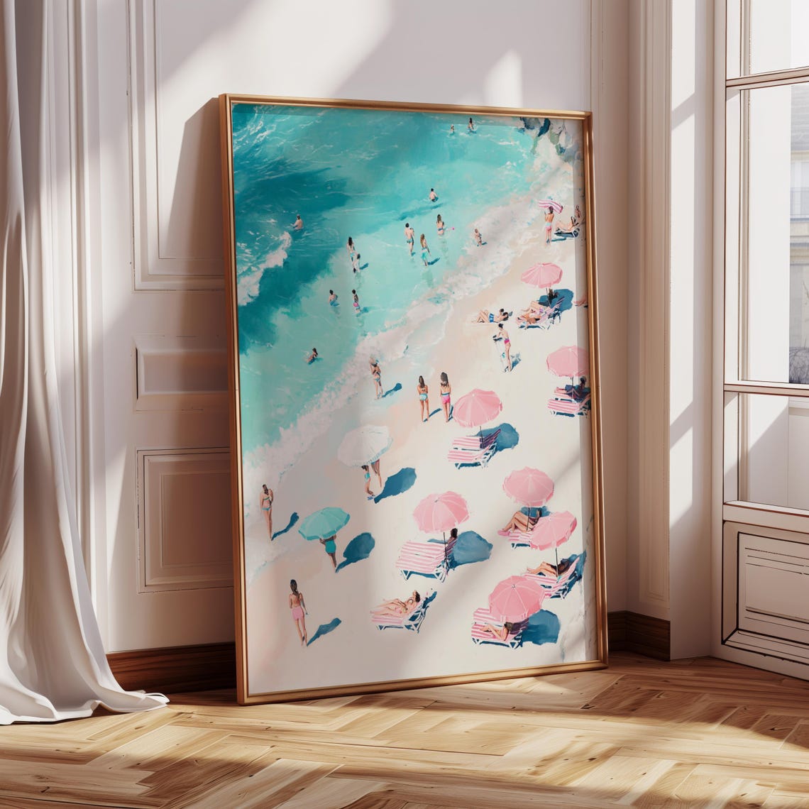 Summer Bathers on a Turquoise Beach Pink Umbrellas Aerial Poster