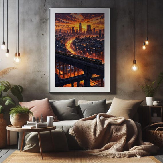 Anime Cityscape Sunset Print Futuristic Urban Art