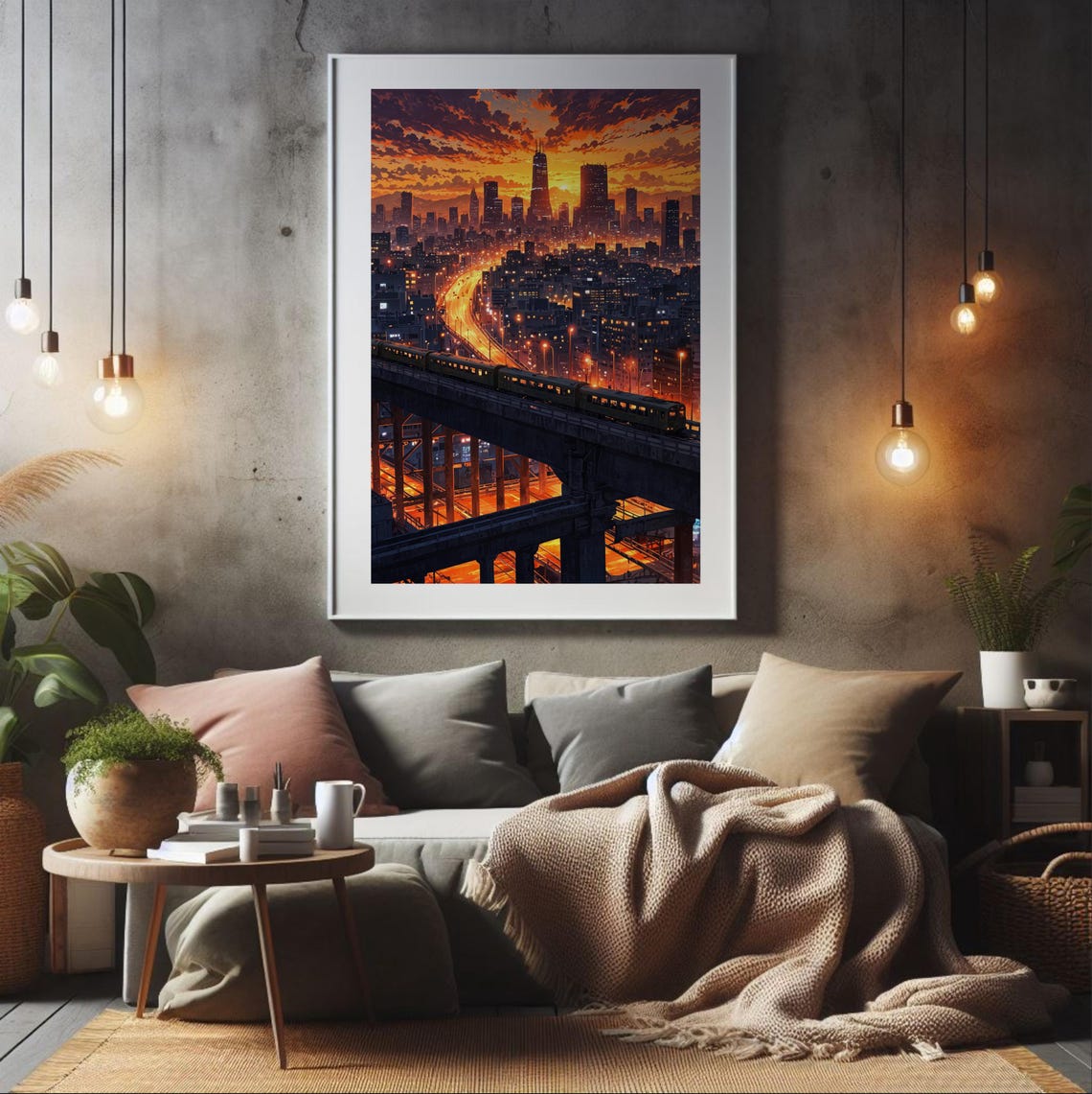 Anime Cityscape Fiery Sunset Elevated Train Glowing Skyline Poster