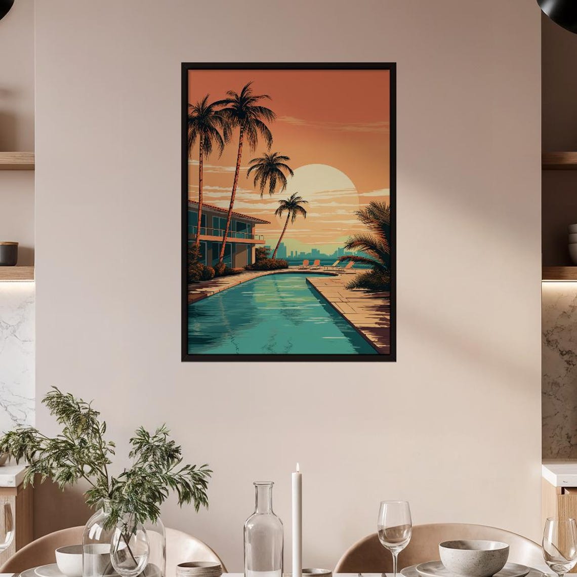 Retro Sunset Tropical Villa with Poolside Palms Travel Poster
