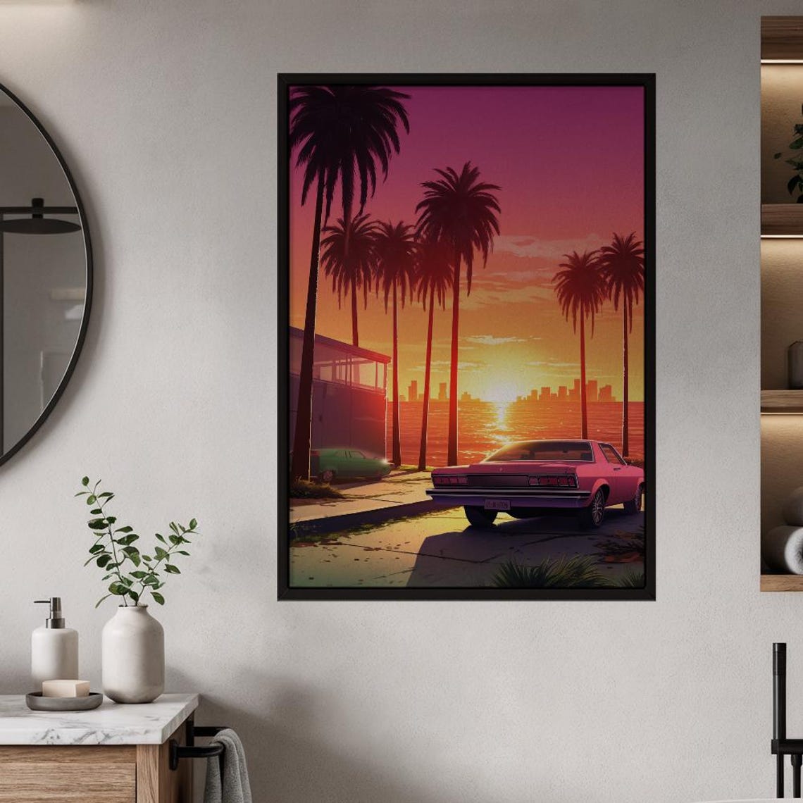 Classic Cars Palm Trees Synthwave Sunset Ocean Waterfront Poster