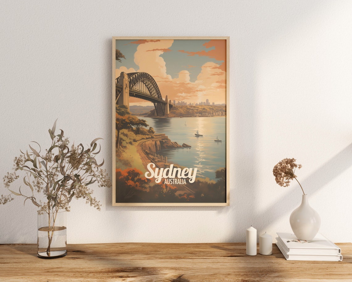 Sydney Australia Harbour Bridge Vintage Travel Poster Sunset Art
