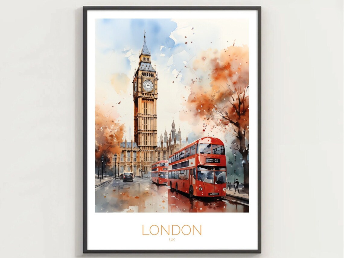 London Big Ben Red Double Decker Bus Watercolor Street Poster