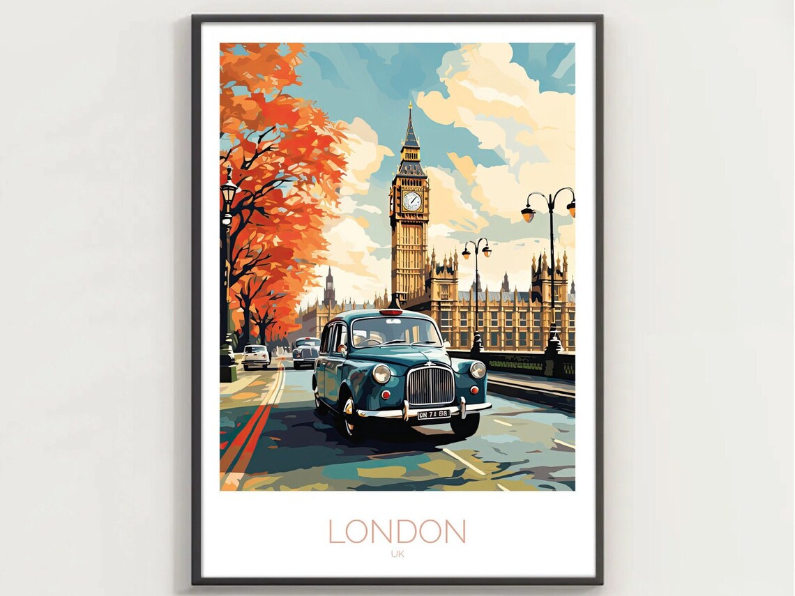 London Big Ben Vintage Classic Taxi Autumn Trees Street Scene Poster
