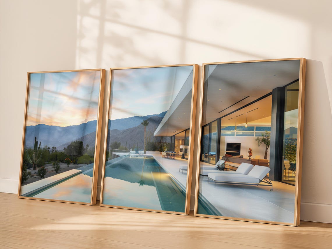 Palm Springs Sunset Pool Triptych Desert Mountain Photography Poster