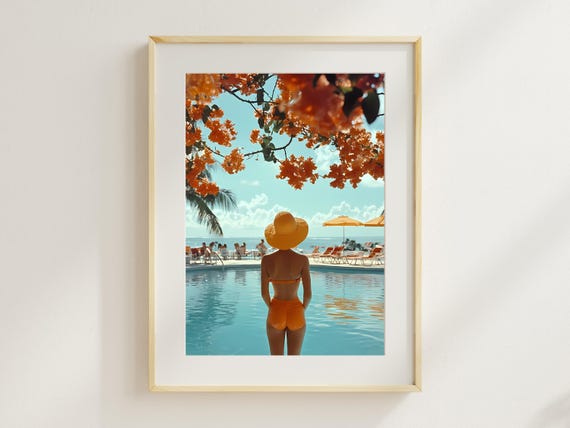Retro Poolside Woman In Orange Swimsuit Art Print