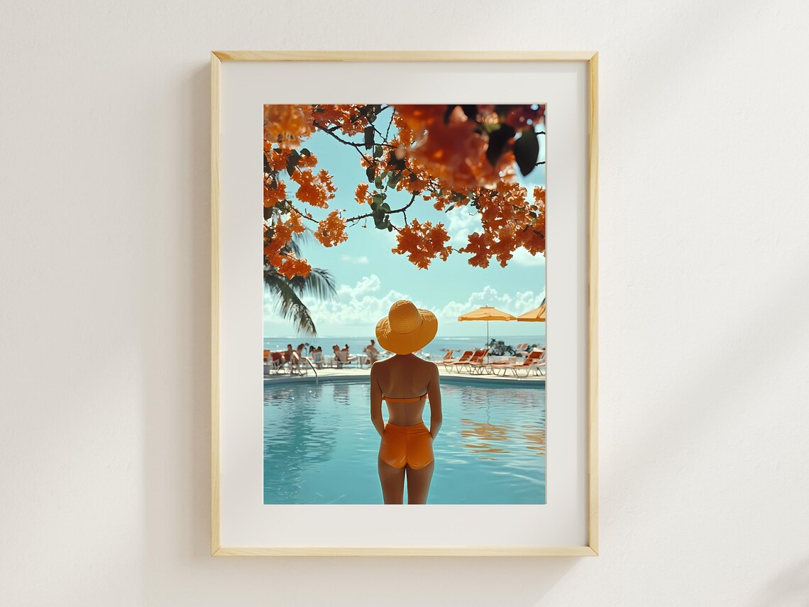 Retro Poolside Woman In Orange Swimsuit Art Print