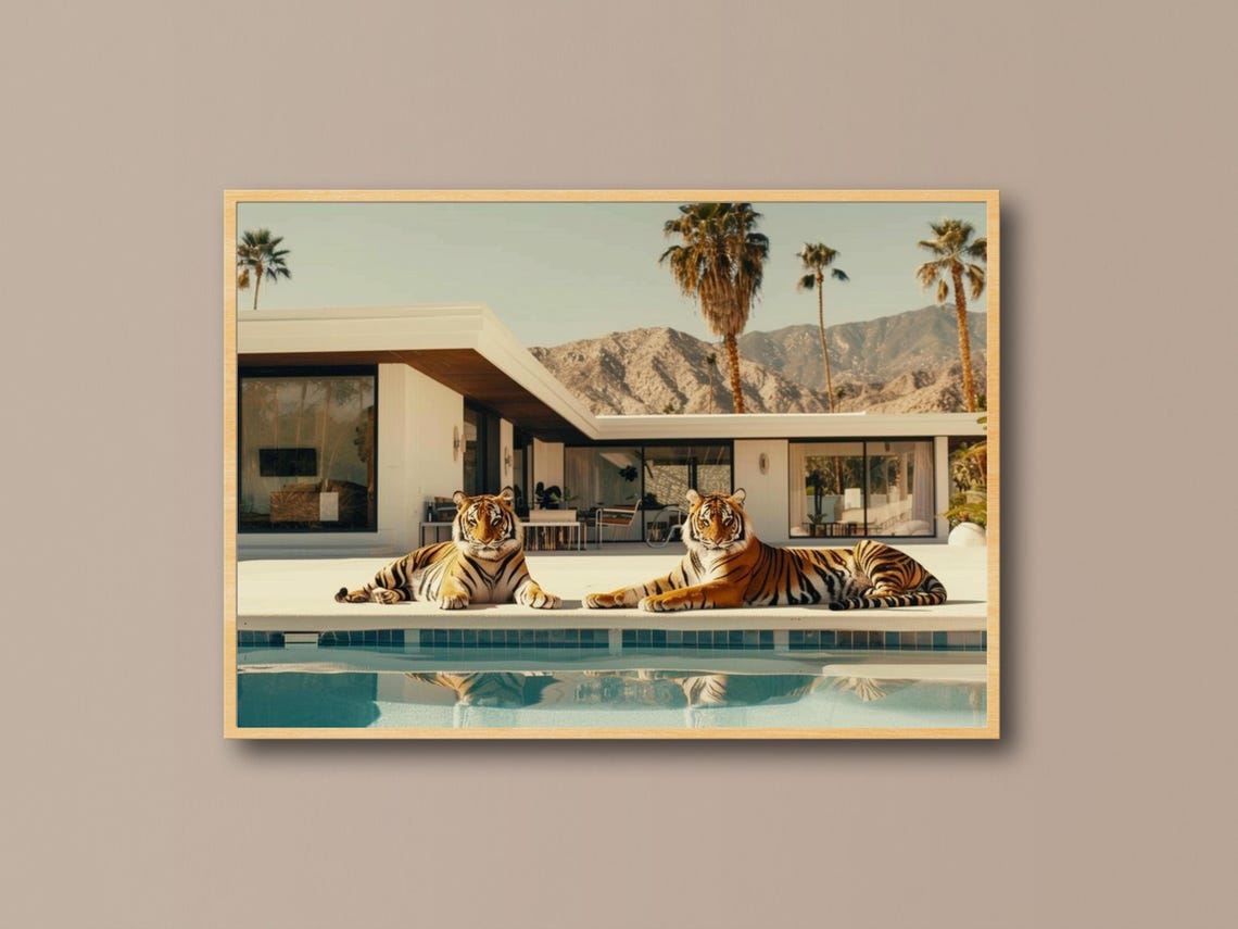 Two Bengal Tigers Lounging Poolside at a Midcentury Villa Poster