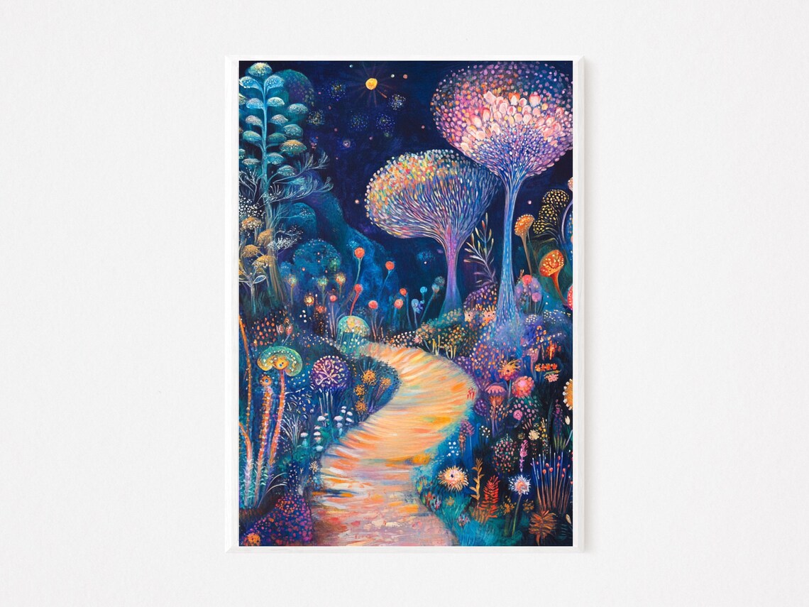 Moonlit Garden Path Fantasy Floral Night Art Whimsical Poster