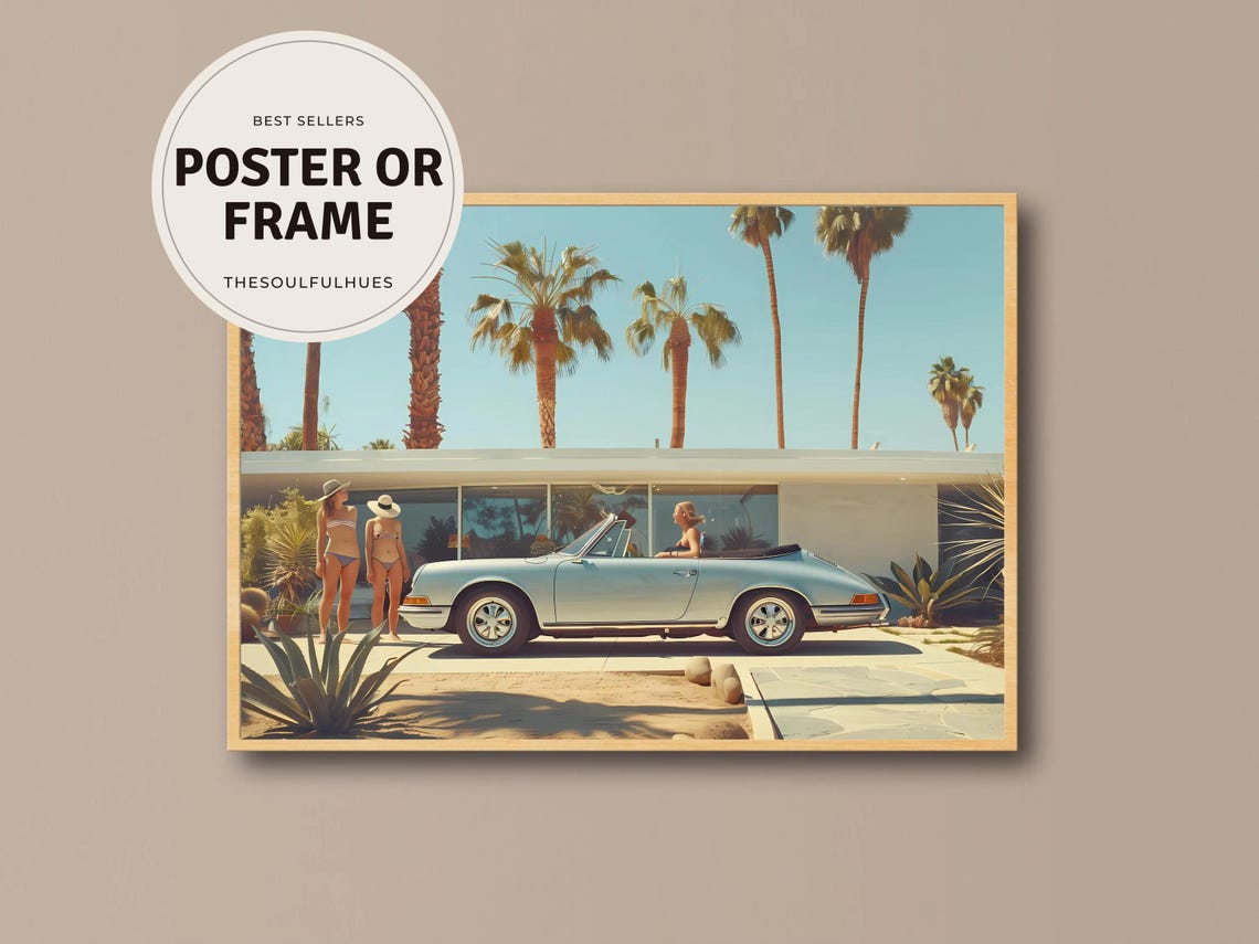 Palm Springs Vintage Convertible Car with Palm Trees Retro Poster