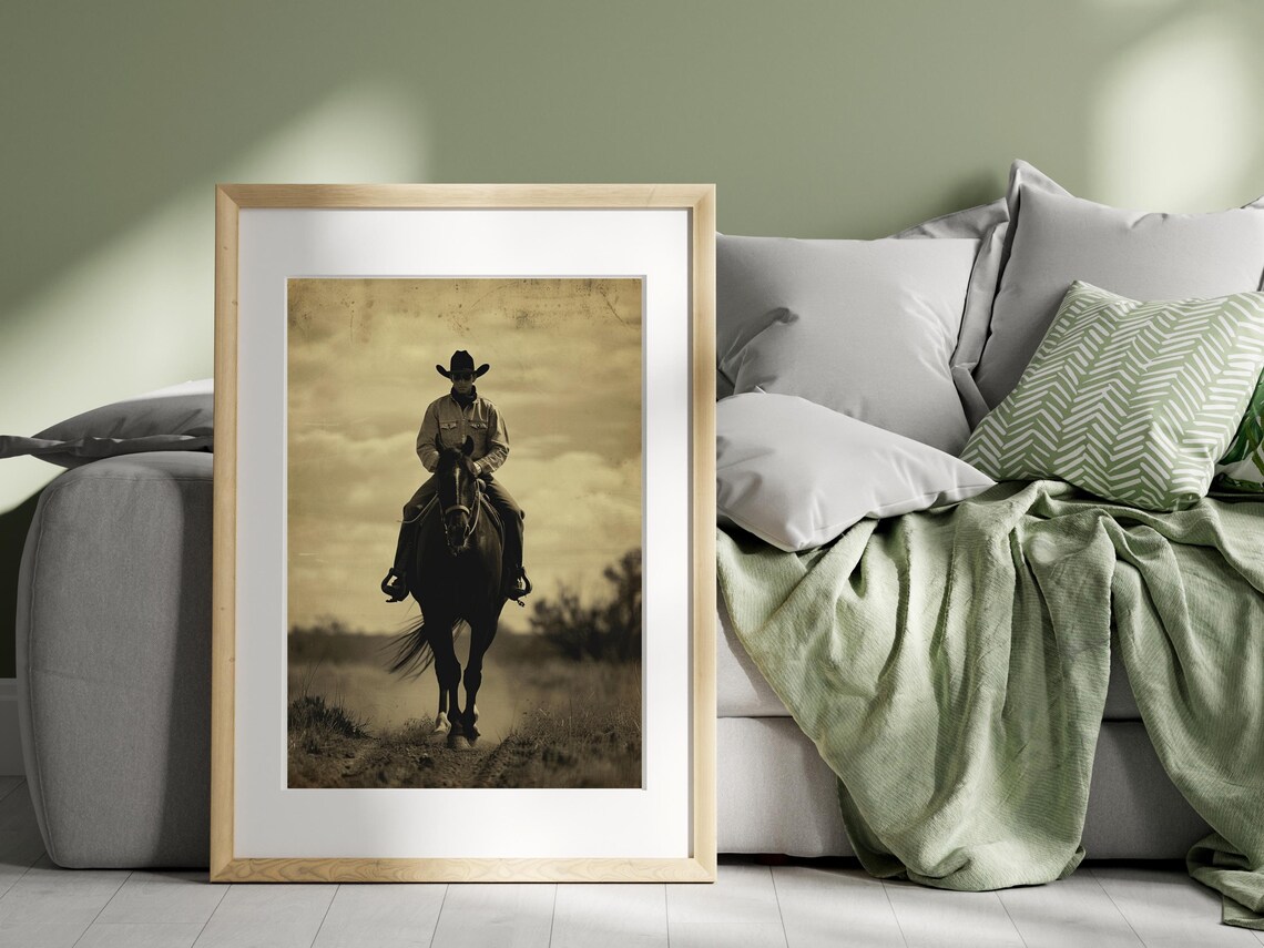 Cowboy on Horseback Facing Camera Sepia Western Photo Poster