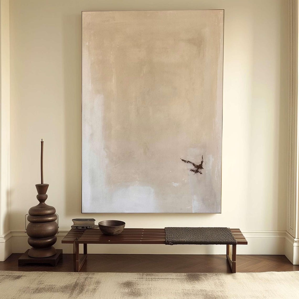 Beige Minimalist Abstract Lone Bird Flight Neutral Art Poster - Image 2